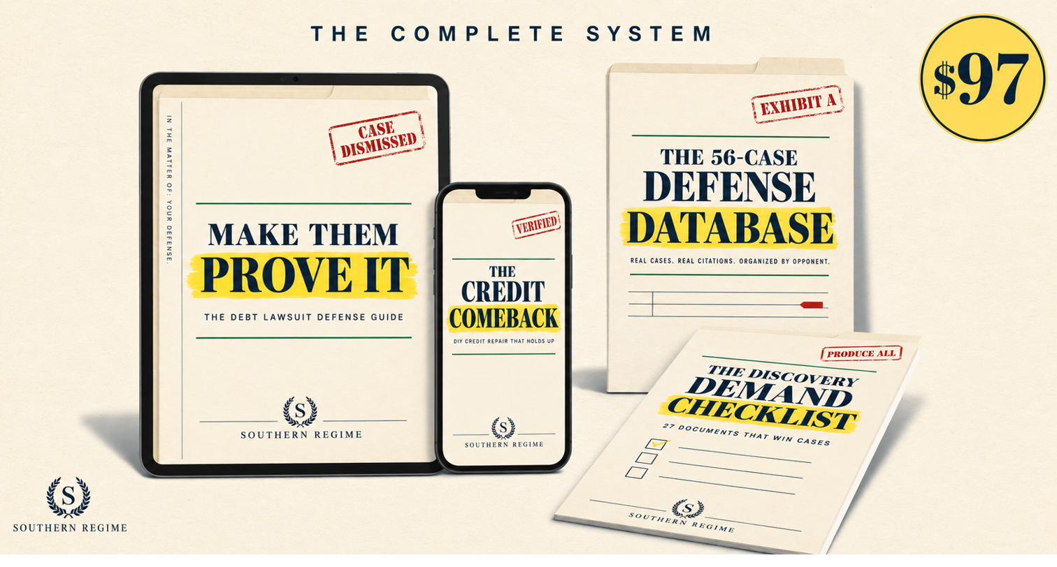 The Complete System: Make Them Prove It ebook on a tablet, The Credit Comeback on a phone, the 56-Case Defense Database folder, and the Discovery Demand Checklist