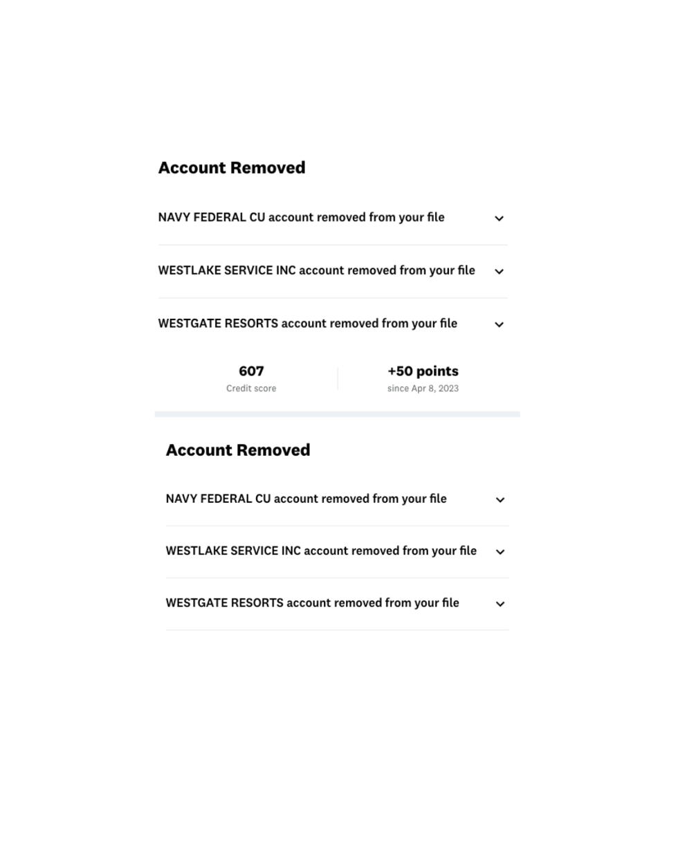 Credit alert screenshots showing three negative accounts removed from a credit file and a 50 point score increase